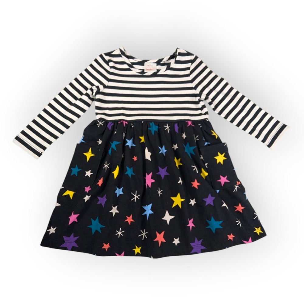 Hanna Andersson Girls Striped Star Print Long Sleeve Pocket Dress 90cm US 3